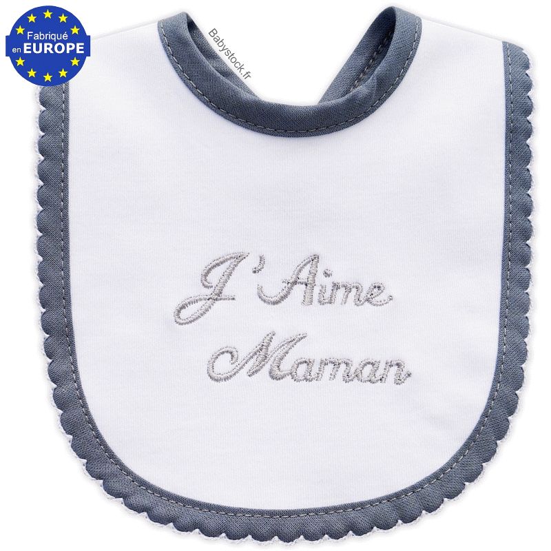 Bavoir bébé naissance jersey coton brodé J'aime Maman gris > Babystock