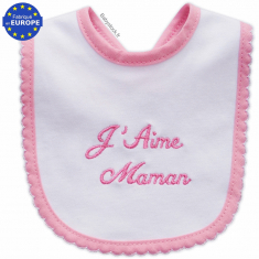 Bavoir bébé naissance jersey coton brodé J'aime Maman rose