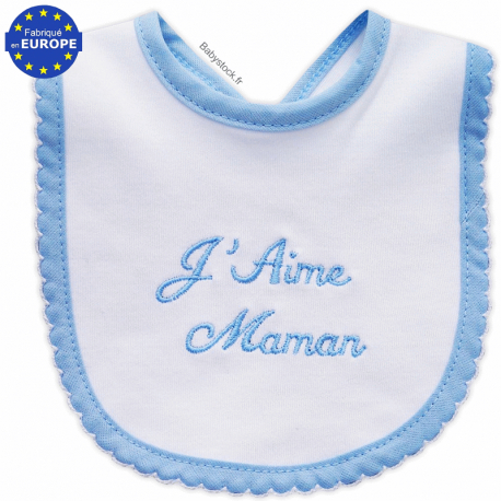 Bavoir bébé naissance jersey coton brodé J'aime Maman bleu