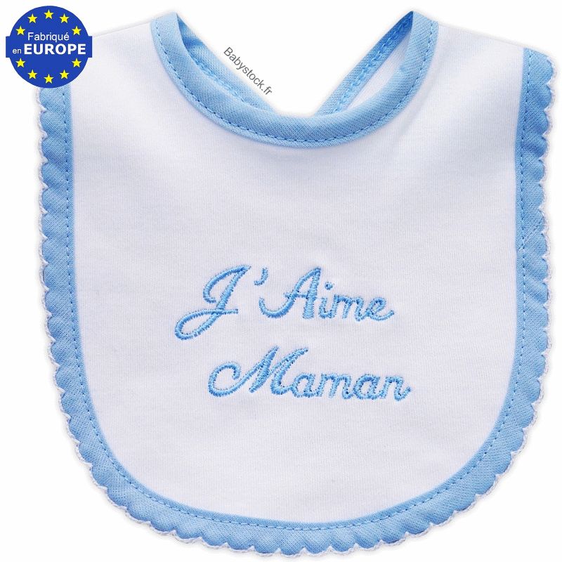 Bavoir bébé naissance jersey coton brodé J'aime Maman bleu > Babystock