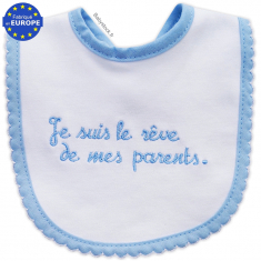 Bavoir naissance brodé Je suis le rêve de mes parents bleu