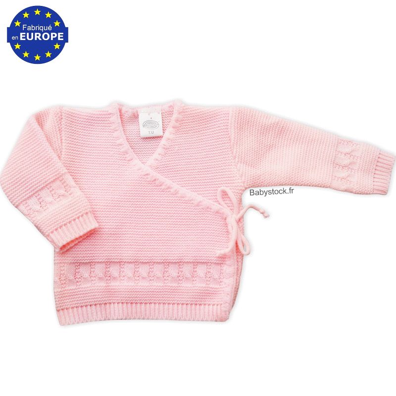 Brassière fille (3 mois) en maille acrylique rose layette tricot point  mousse et torsades fabriqué au Portugal