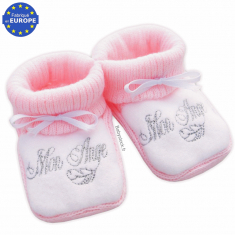 Chaussons bébé fille maille rose brodé Mon Ange gris argenté