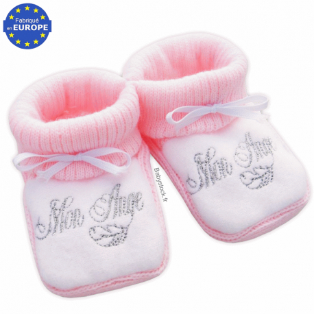 Chaussons bébé fille en tricot maille acrylique rose layette brodé Mon Ange  gris argenté