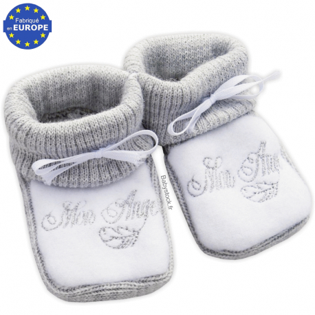 Chaussons bébé en maille gris brodé Mon Ange gris argenté