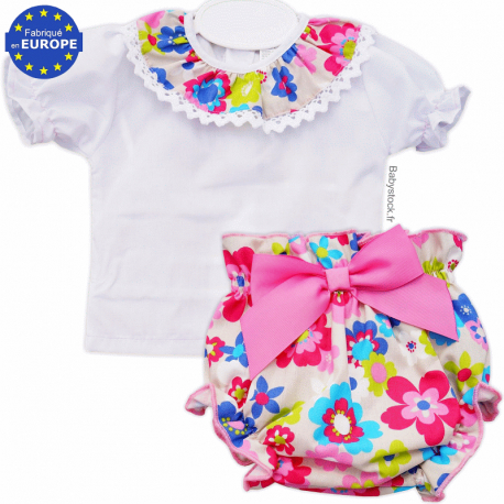 Ensemble bébé 2 pièces fille blouse + bloomer fleuri fushia