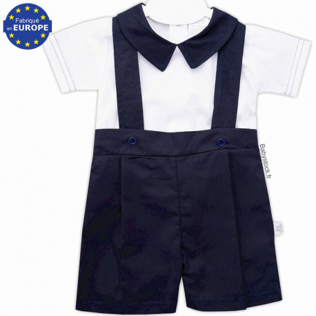 Ensemble bébé été chemise blanche + short à bretelles marine