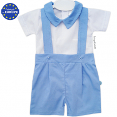 Ensemble bébé été chemise blanche + short à bretelles bleu