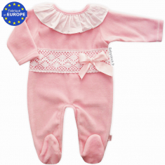 Pyjama bébé fille velours rose, collerette et dentelle blanche