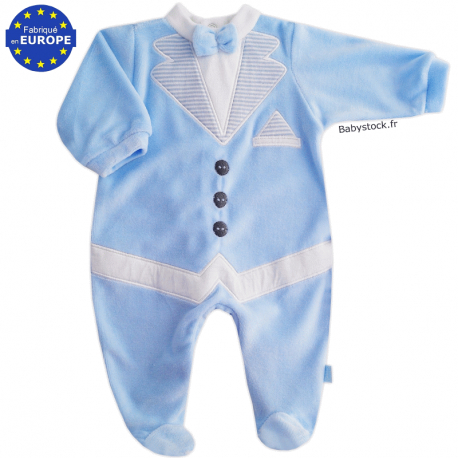 Pyjama bébé garçon effet costume en velours bleu ciel et blanc