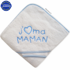 Sortie de bain éponge écrue brodée J'aime ma Maman bleu