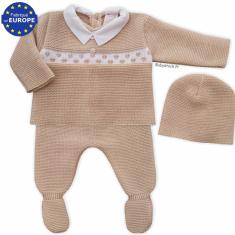 Ensemble bébé en maille beige / blanc et col piqué 3 pièces