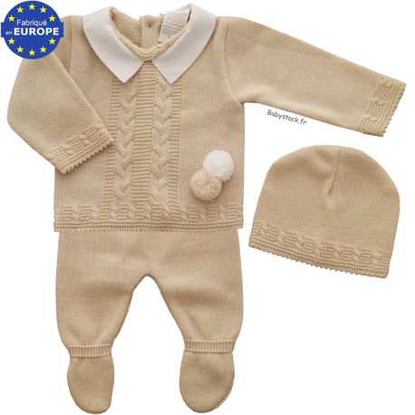 Ensemble naissance en maille bleu et col en piqué blanc 3 pièces