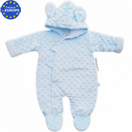 Combi-pilote pour bébé garçon en fourrure minky bleu layette avec