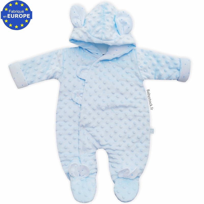 Combi-pilote pour bébé garçon en fourrure minky bleu layette avec oreilles  fabriqué en Europe