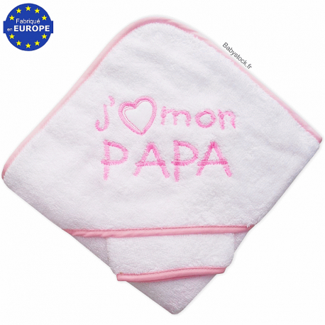 Cape de bain bébé éponge blanche brodée J'aime mon Papa rose