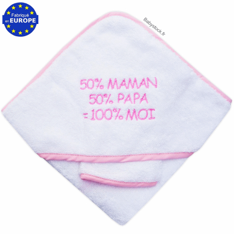 Cape de bain bébé éponge 50% Maman 50% Papa = 100% Moi rose