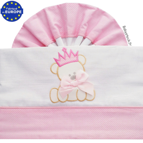 Parure linge lit 60x120cm coton rose brodé Ourson Princesse