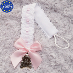 Attache sucette en broderie anglaise blanc et rose et pince ourson
