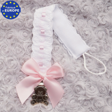 Attache sucette en broderie anglaise blanc et rose et pince ourson
