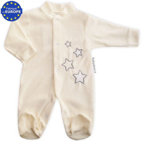 Pyjama bébé mixte en velours crème brodé d'étoiles grises