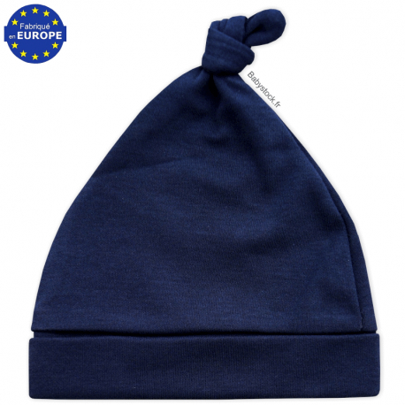 Bonnet bébé naissance en coton bleu marine avec noeud