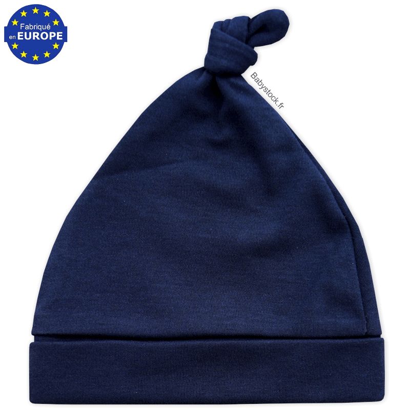 Bonnet bébé naissance en coton bleu marine avec noeud > Babystock