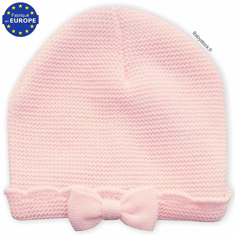 Bonnet Bebe Fille En Tricot Maille Mousse Rose Et Noeud Sur Revers Fabrique Au Portugal