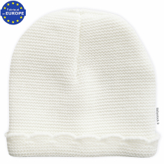 Bonnet bébé en tricot maille mousse bord festonné blanc