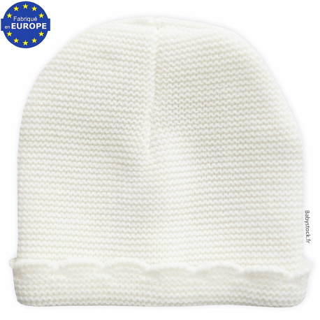 Bonnet bébé en tricot maille mousse bord festonné blanc