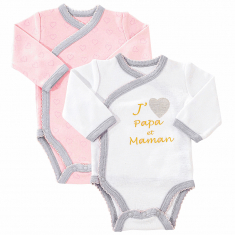 Lot 2 body fille coton blanc gris imprimé or J'aime Papa et Maman