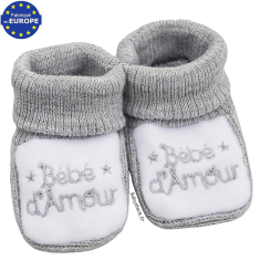 Chaussons bébé en maille gris chiné broderie Bébé d'amour