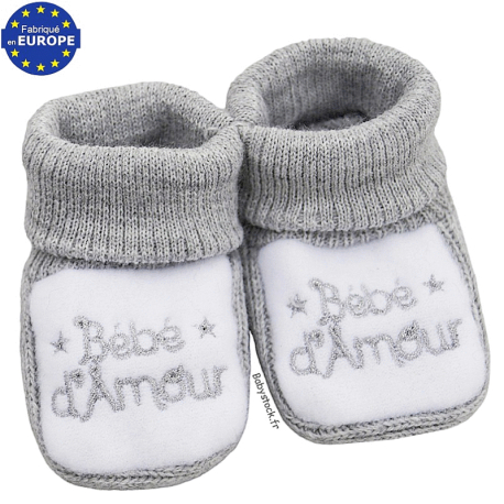 Chaussons bébé en maille gris chiné broderie Bébé d'amour
