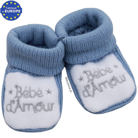 Chaussons bébé garçon bleu acier brodé Bébé d'amour
