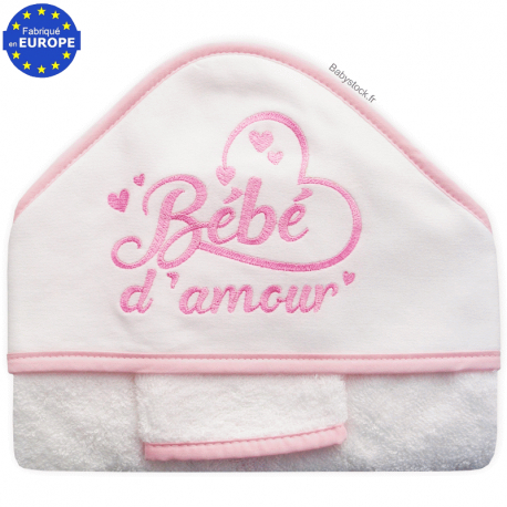 Grande cape de bain en éponge brodée Bébé d'amour rose