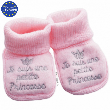 Chaussons bébé fille maille rose brodé Je suis une petite Princesse