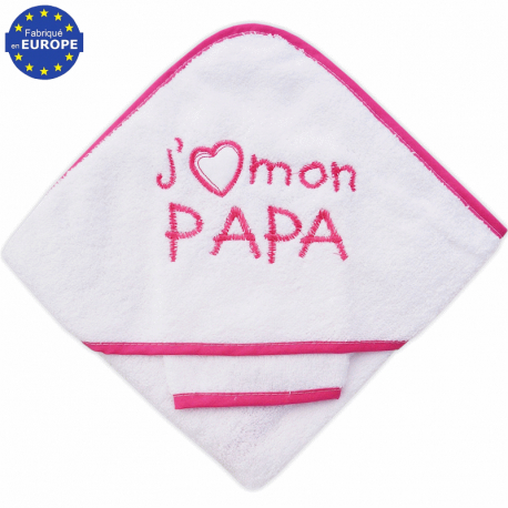 Sortie de bain bébé éponge blanche brodée J'aime mon Papa fushia