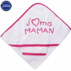 Sortie bain bébé éponge blanche brodée J'aime ma Maman fushia