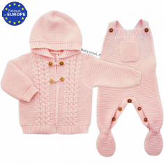 Ensemble bébé en maille 2 pièces gilet à capuche + salopette rose