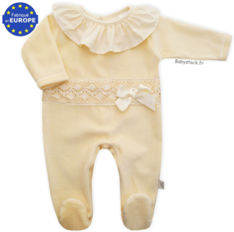 Pyjama bébé fille en velours jaune, collerette et dentelle blanc