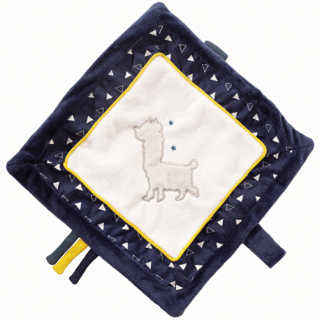 Doudou plat carré en velours marine et blanc Lama M'Ours