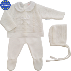 Ensemble fille 3 pièces en maille, dentelle et noeud satin blanc