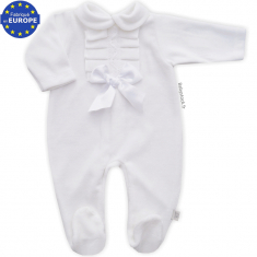 Pyjama fille en velours blanc avec jabot, dentelle et noeud