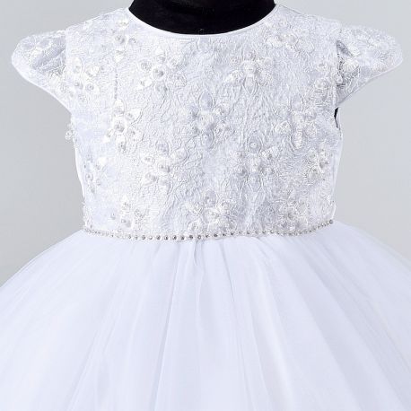 Robe de baptême bébé fille blanche brodé fleurs et perles avec traîne en  voile Alba