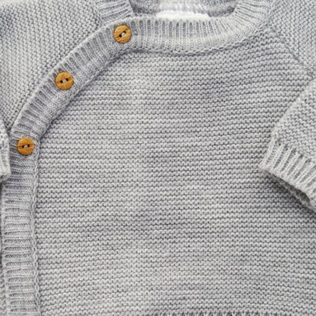 brassière de naissance gris souris tricotée main en 100% laine mérinos