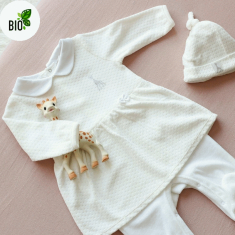 Pyjama robe bébé fille velours bio crème / blanc Sophie la Girafe
