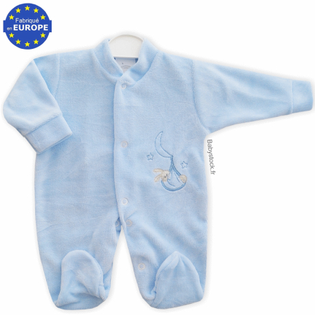 Pyjama bébé préma garçon 40cm velours bleu brodé Cigogne
