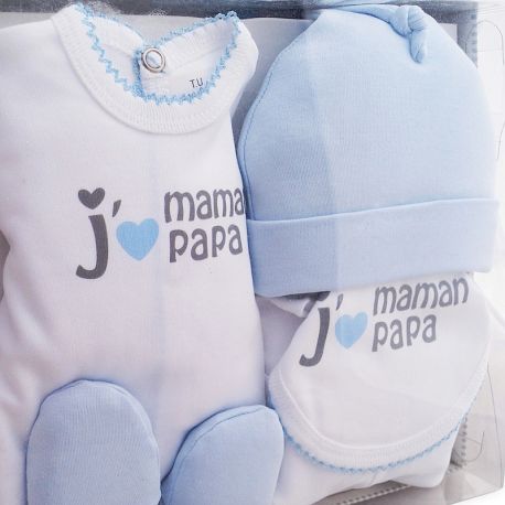 Coffret naissance garçon 5 pièces 100% coton j'aime Maman Papa