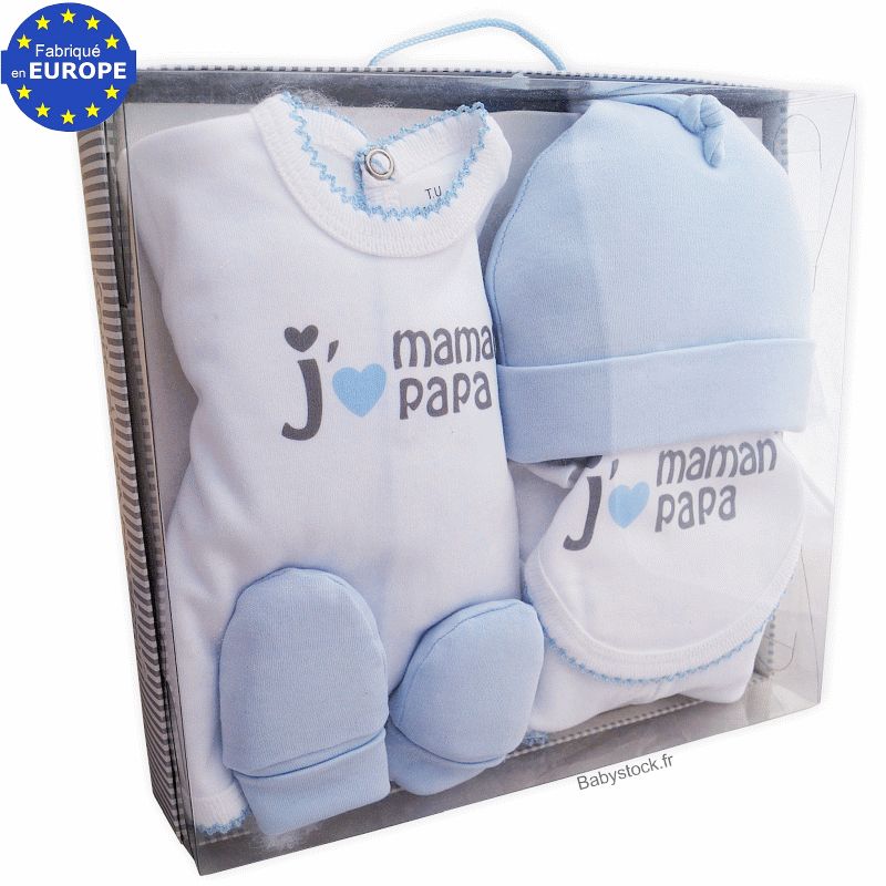 Coffret naissance fille 5 pièces 100% coton j'aime Maman Papa