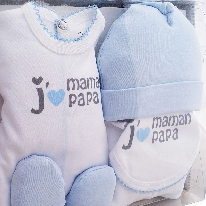 Coffret naissance garçon 5 pièces 100% coton j'aime Maman Papa > Babystock